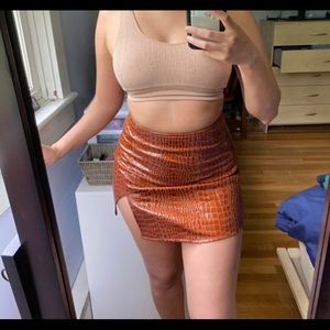 Brown pleather snakeskin mini skirt